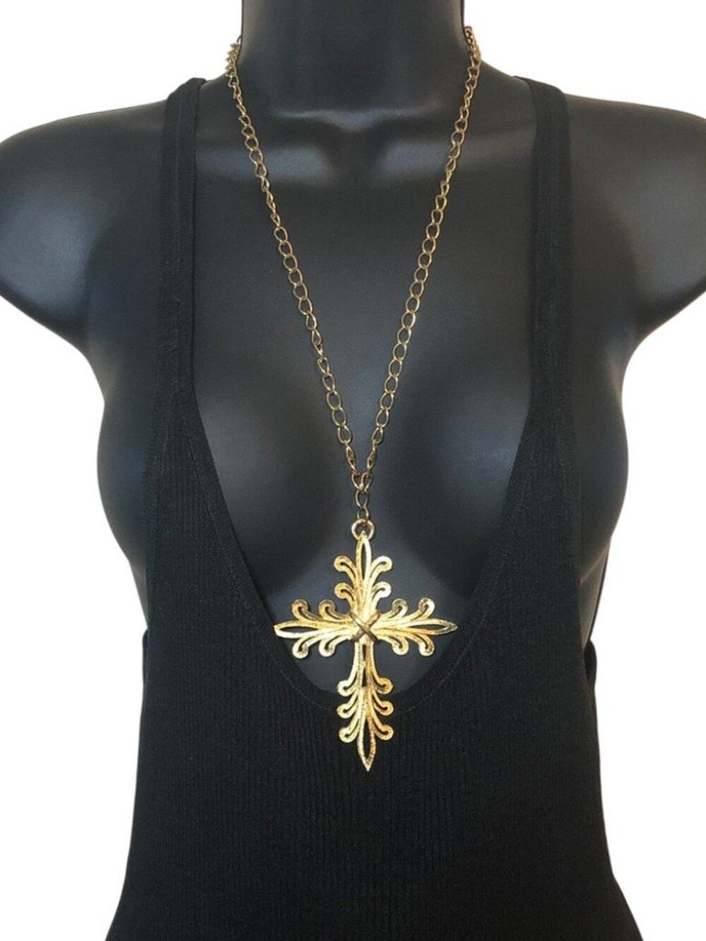Vintage big intricate gold tone cross pendant long chain necklace statement.